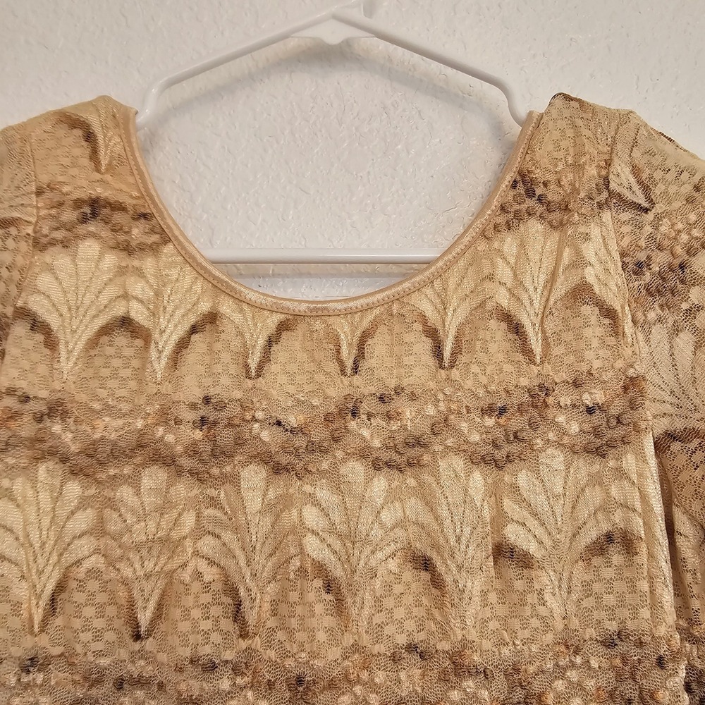 NECESSARY CLOTHING Lace‎ Overlay Sheath Dress Sequins 3/4 Sleeve Backless Beige - Picture 4 of 6